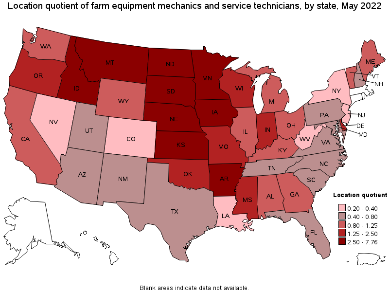 Map of location quotient of farm equipment mechanics and service technicians by state, May 2022