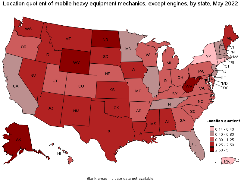 Map of location quotient of mobile heavy equipment mechanics, except engines by state, May 2022