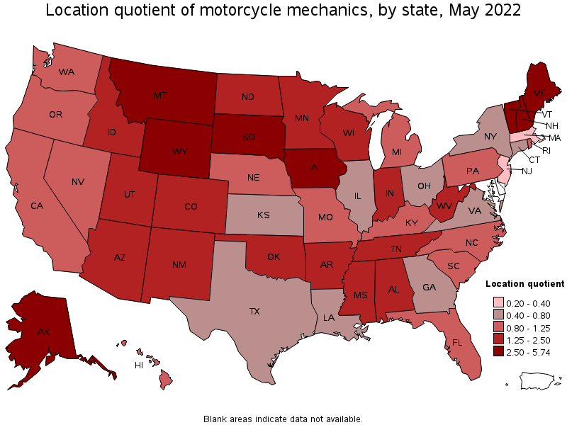Map of location quotient of motorcycle mechanics by state, May 2022