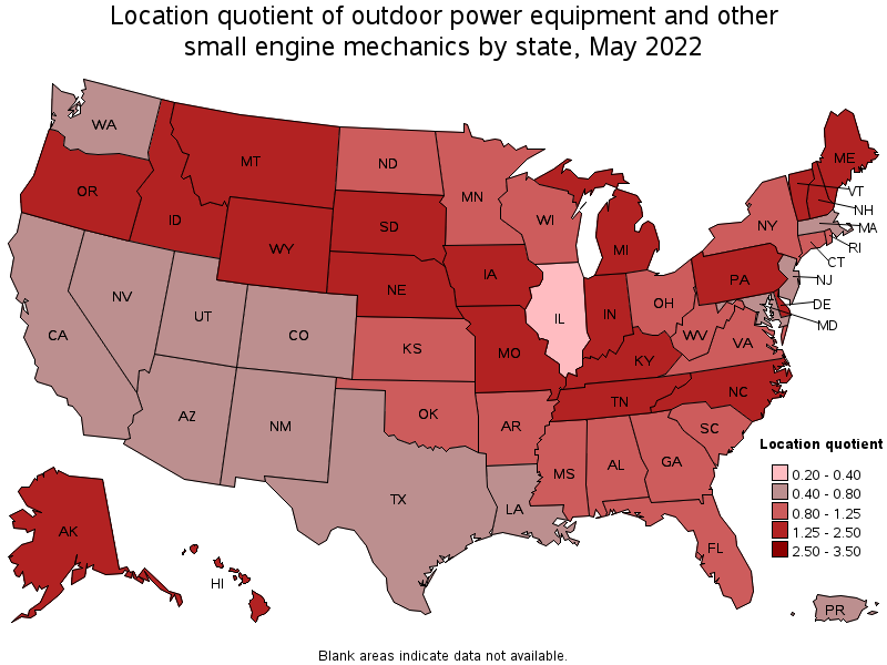 Map of location quotient of outdoor power equipment and other small engine mechanics by state, May 2022