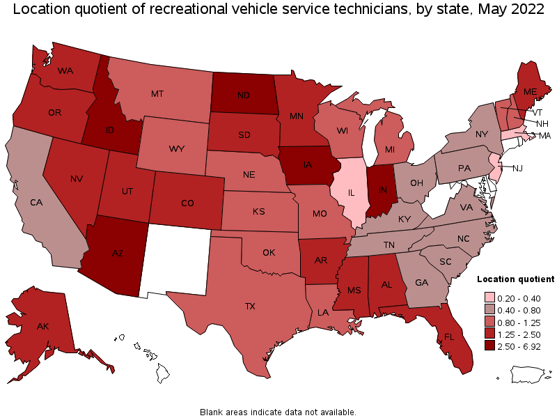Map of location quotient of recreational vehicle service technicians by state, May 2022