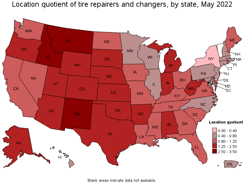 Map of location quotient of tire repairers and changers by state, May 2022