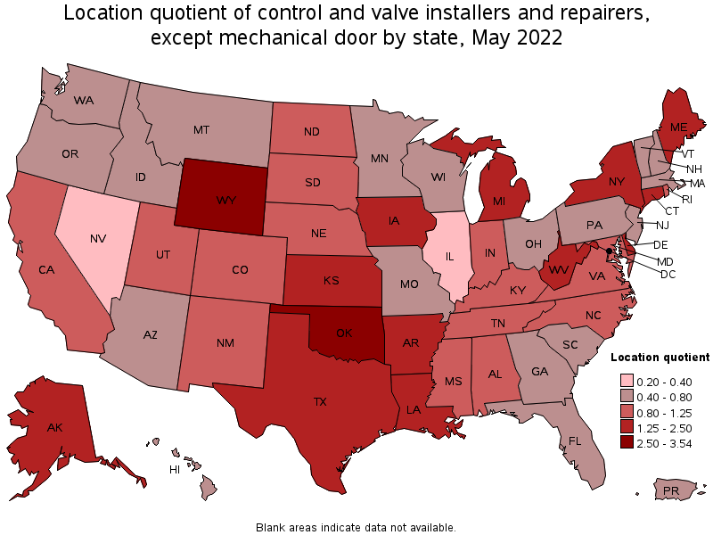Map of location quotient of control and valve installers and repairers, except mechanical door by state, May 2022