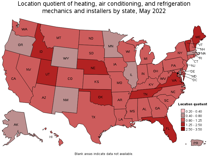 Map of location quotient of heating, air conditioning, and refrigeration mechanics and installers by state, May 2022