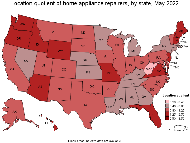 Map of location quotient of home appliance repairers by state, May 2022