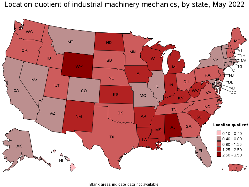 Map of location quotient of industrial machinery mechanics by state, May 2022