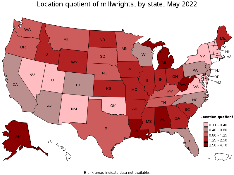 Map of location quotient of millwrights by state, May 2022