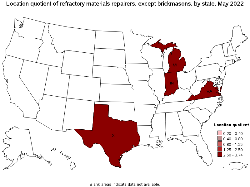 Map of location quotient of refractory materials repairers, except brickmasons by state, May 2022