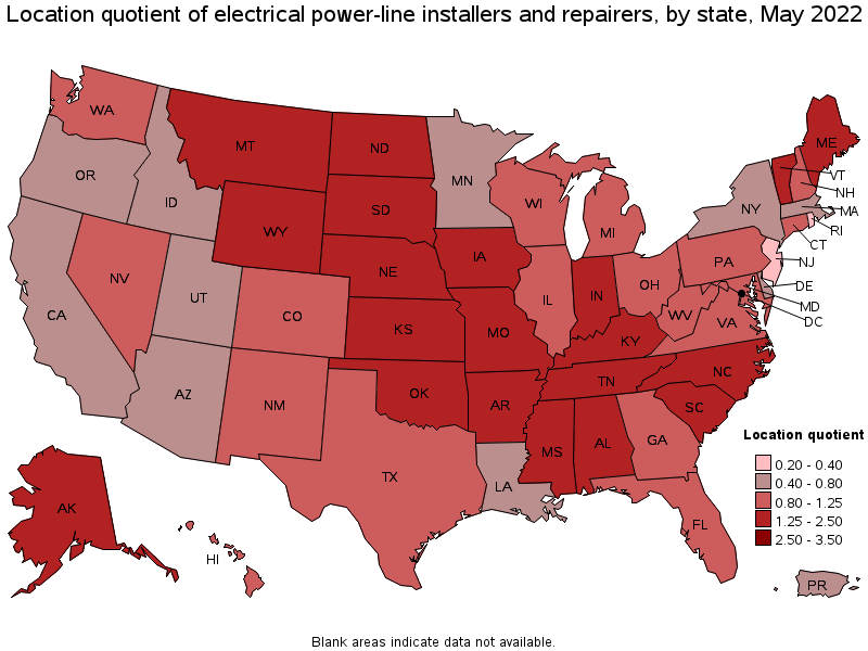 Map of location quotient of electrical power-line installers and repairers by state, May 2022