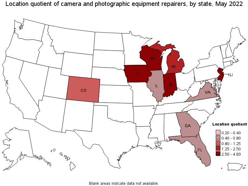Map of location quotient of camera and photographic equipment repairers by state, May 2022