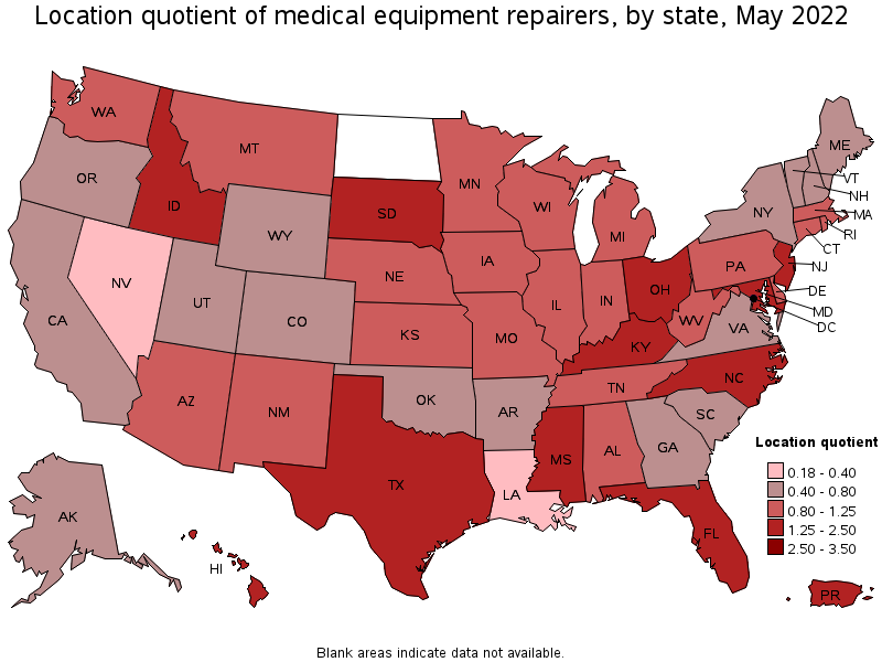 Map of location quotient of medical equipment repairers by state, May 2022