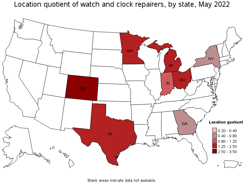 Map of location quotient of watch and clock repairers by state, May 2022