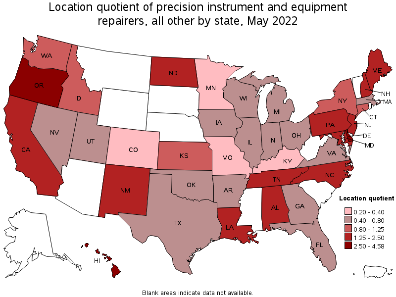 Map of location quotient of precision instrument and equipment repairers, all other by state, May 2022