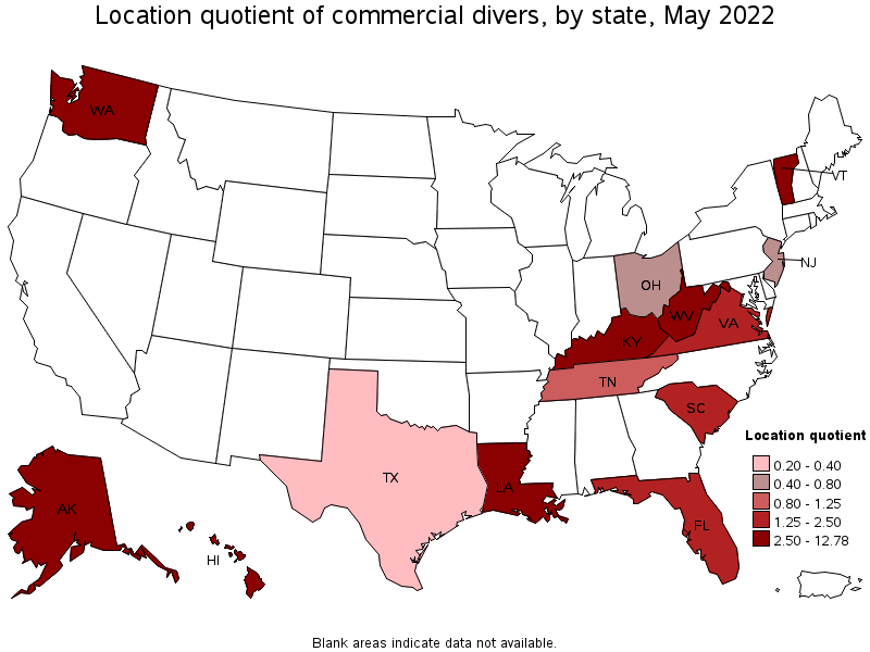 Map of location quotient of commercial divers by state, May 2022