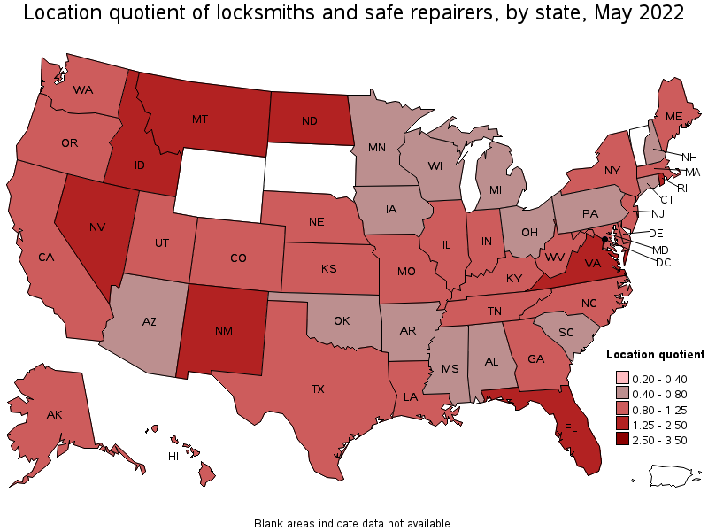 Map of location quotient of locksmiths and safe repairers by state, May 2022