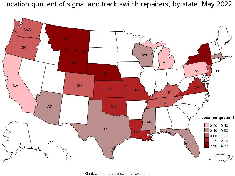 Map of location quotient of signal and track switch repairers by state, May 2022