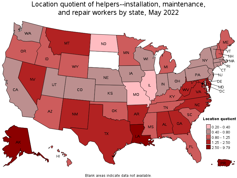 Map of location quotient of helpers--installation, maintenance, and repair workers by state, May 2022