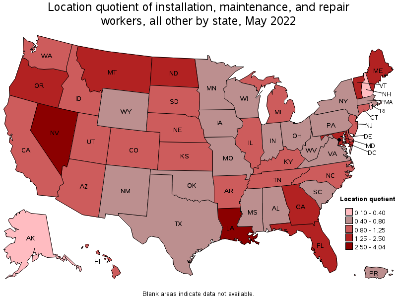Map of location quotient of installation, maintenance, and repair workers, all other by state, May 2022
