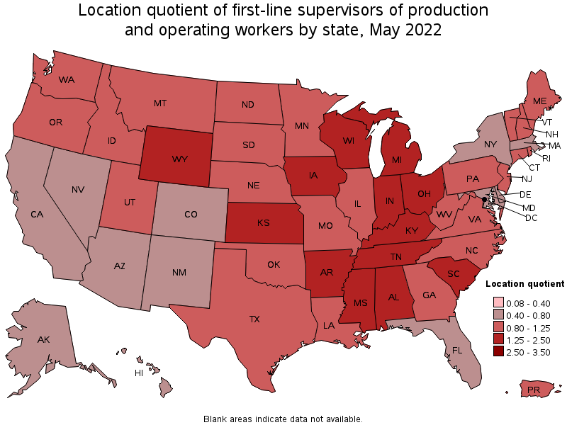 Map of location quotient of first-line supervisors of production and operating workers by state, May 2022
