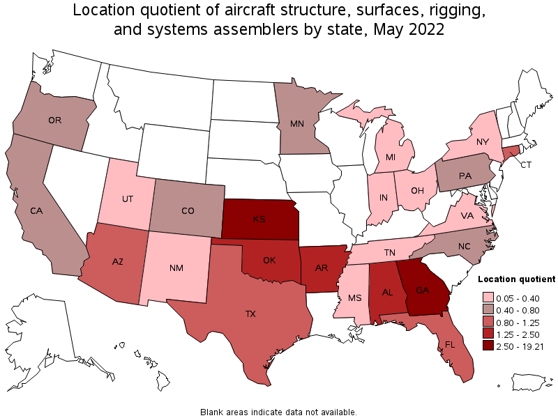 Map of location quotient of aircraft structure, surfaces, rigging, and systems assemblers by state, May 2022