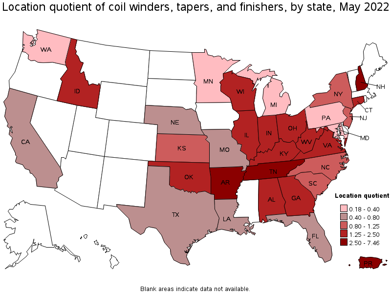 Map of location quotient of coil winders, tapers, and finishers by state, May 2022