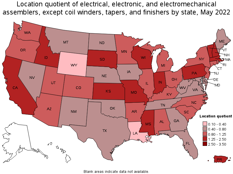 Map of location quotient of electrical, electronic, and electromechanical assemblers, except coil winders, tapers, and finishers by state, May 2022