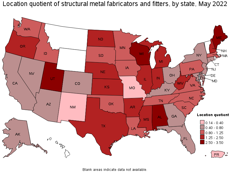 Map of location quotient of structural metal fabricators and fitters by state, May 2022