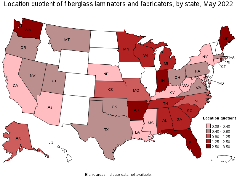 Map of location quotient of fiberglass laminators and fabricators by state, May 2022