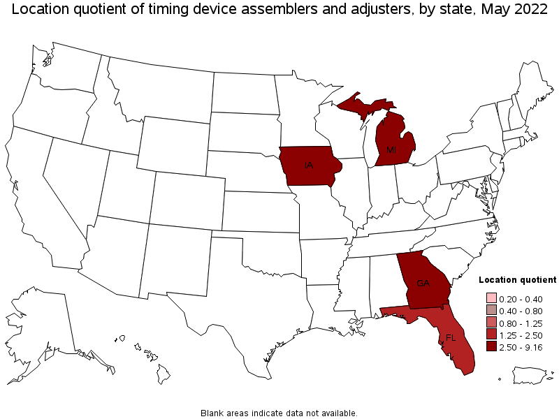 Map of location quotient of timing device assemblers and adjusters by state, May 2022