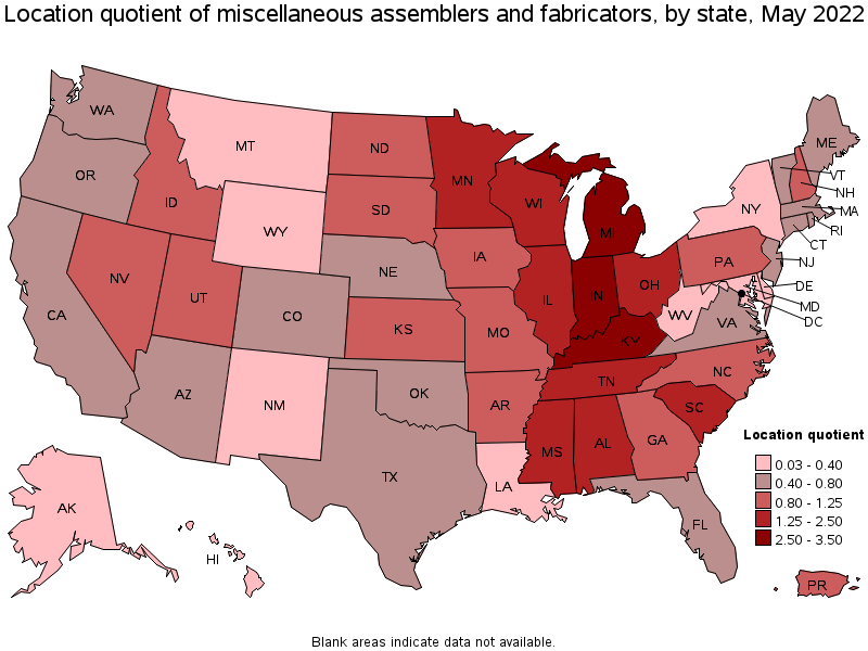 Map of location quotient of miscellaneous assemblers and fabricators by state, May 2022
