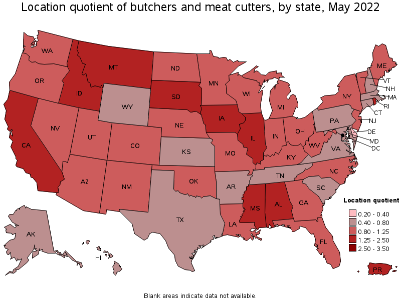Map of location quotient of butchers and meat cutters by state, May 2022