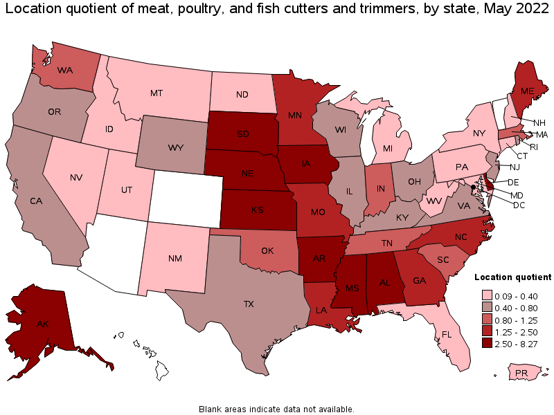 Map of location quotient of meat, poultry, and fish cutters and trimmers by state, May 2022
