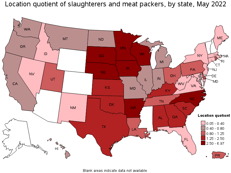 Map of location quotient of slaughterers and meat packers by state, May 2022