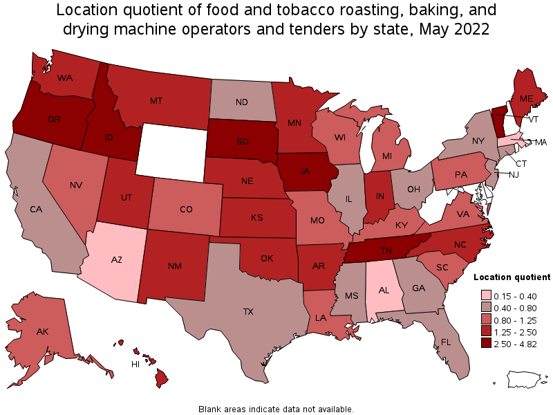 Map of location quotient of food and tobacco roasting, baking, and drying machine operators and tenders by state, May 2022
