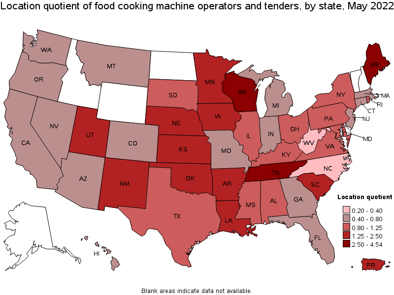 Map of location quotient of food cooking machine operators and tenders by state, May 2022