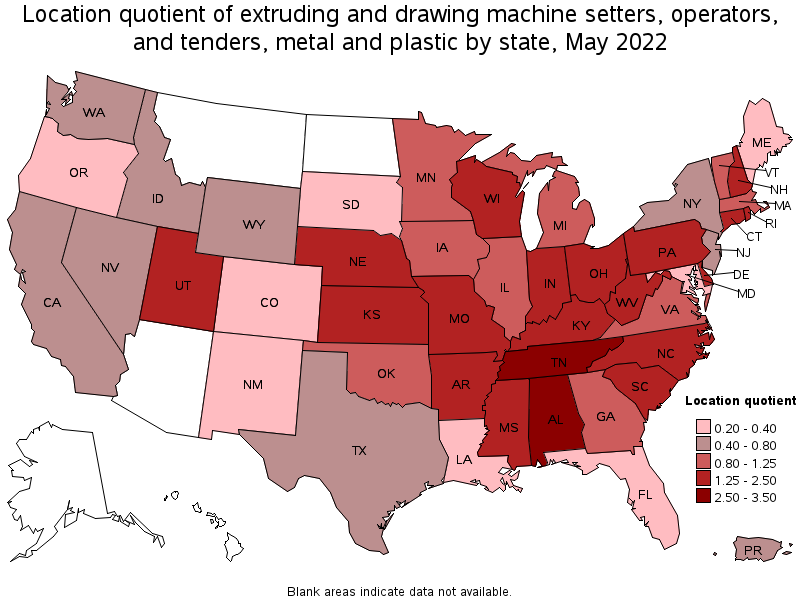 Map of location quotient of extruding and drawing machine setters, operators, and tenders, metal and plastic by state, May 2022