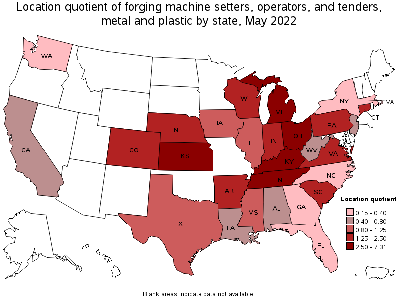 Map of location quotient of forging machine setters, operators, and tenders, metal and plastic by state, May 2022