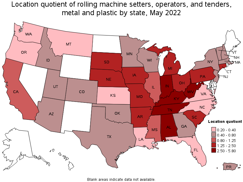 Map of location quotient of rolling machine setters, operators, and tenders, metal and plastic by state, May 2022