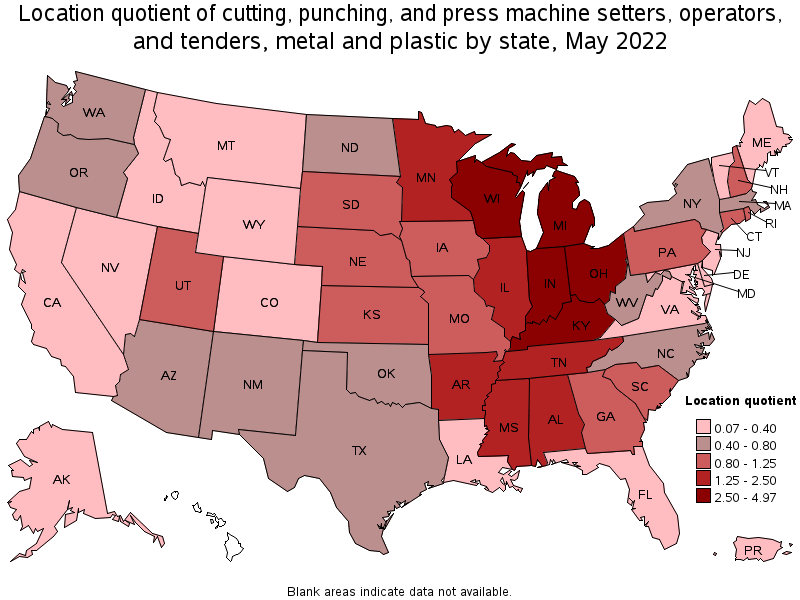 Map of location quotient of cutting, punching, and press machine setters, operators, and tenders, metal and plastic by state, May 2022