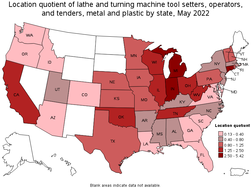 Map of location quotient of lathe and turning machine tool setters, operators, and tenders, metal and plastic by state, May 2022