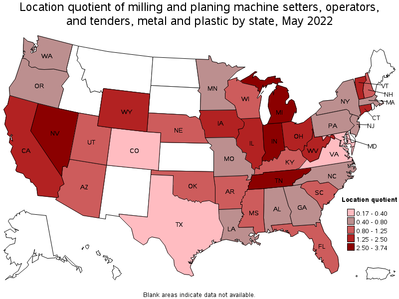 Map of location quotient of milling and planing machine setters, operators, and tenders, metal and plastic by state, May 2022
