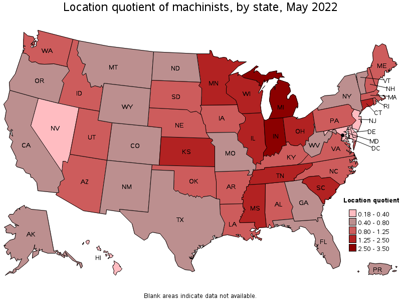 Map of location quotient of machinists by state, May 2022