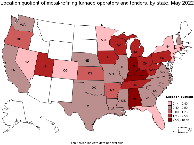 Map of location quotient of metal-refining furnace operators and tenders by state, May 2022