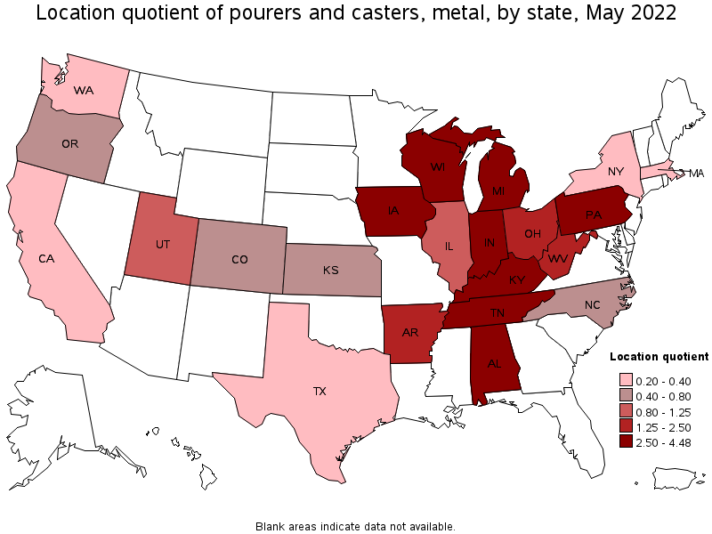 Map of location quotient of pourers and casters, metal by state, May 2022