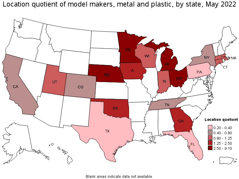 Map of location quotient of model makers, metal and plastic by state, May 2022