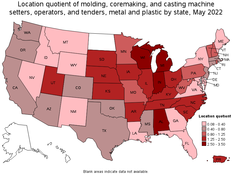 Map of location quotient of molding, coremaking, and casting machine setters, operators, and tenders, metal and plastic by state, May 2022