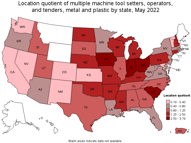 Map of location quotient of multiple machine tool setters, operators, and tenders, metal and plastic by state, May 2022