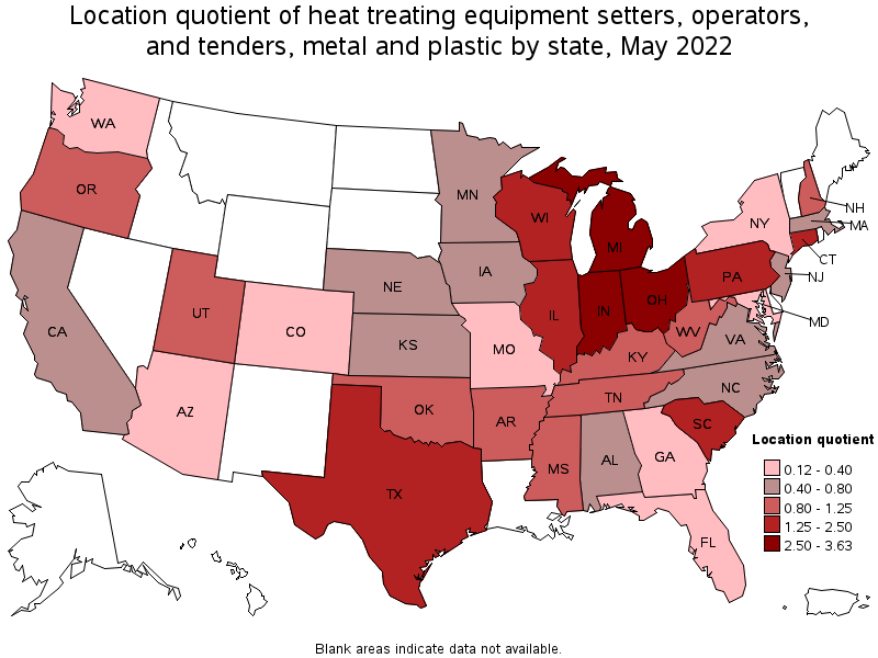 Map of location quotient of heat treating equipment setters, operators, and tenders, metal and plastic by state, May 2022