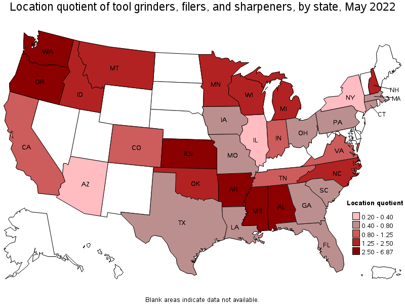 Map of location quotient of tool grinders, filers, and sharpeners by state, May 2022