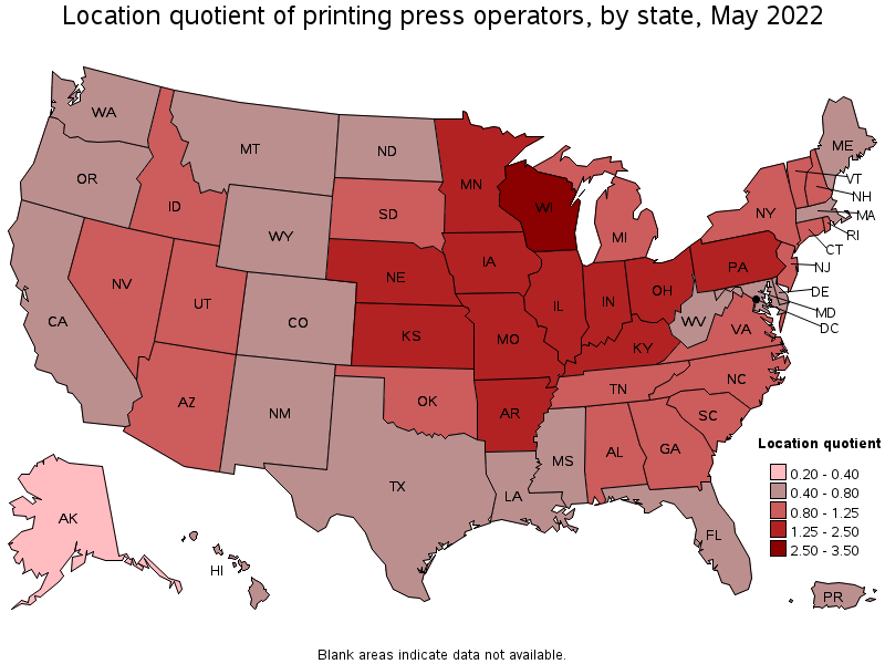 Map of location quotient of printing press operators by state, May 2022